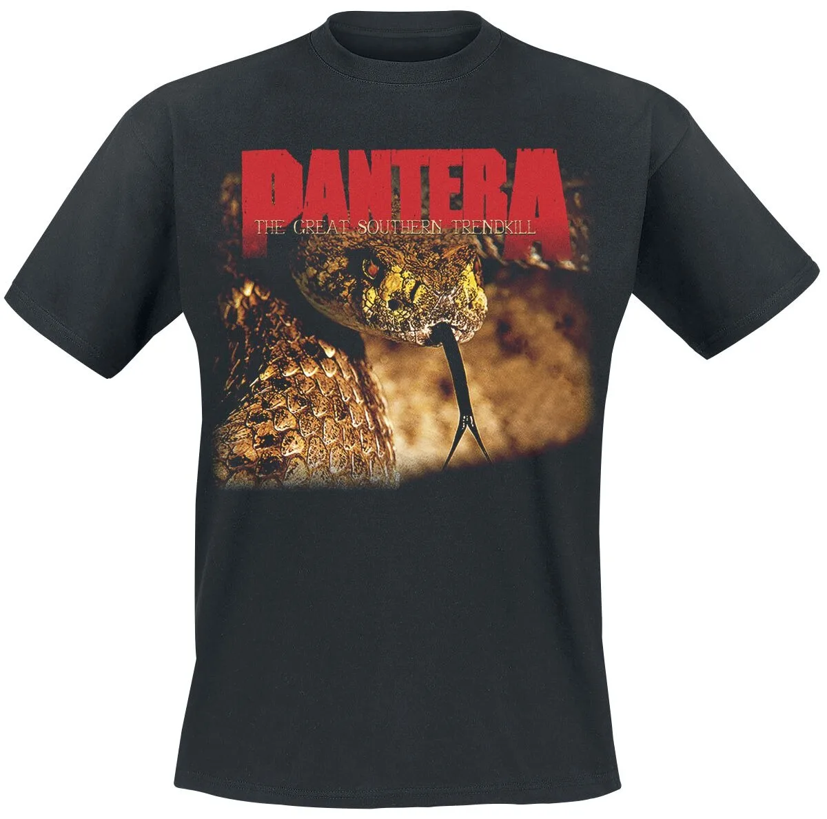 Camiseta Pantera The Great Southern Trendkill, Camiseta Thrash Metal com Foto Realista de Cobra e Estampa de Logo Vermelho, Merchandise para Fãs de Metal