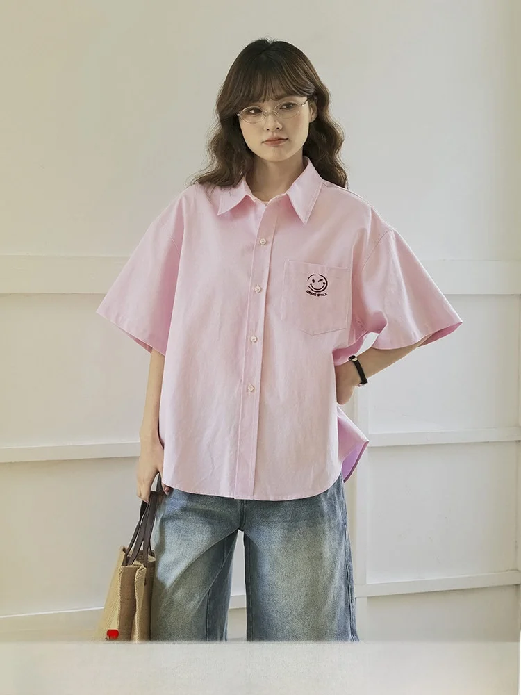 

Женская летняя тонкая хлопковая рубашка с вышивкой в виде улыбающегося лица, повседневная, для работы и отдыха, свободного кроя