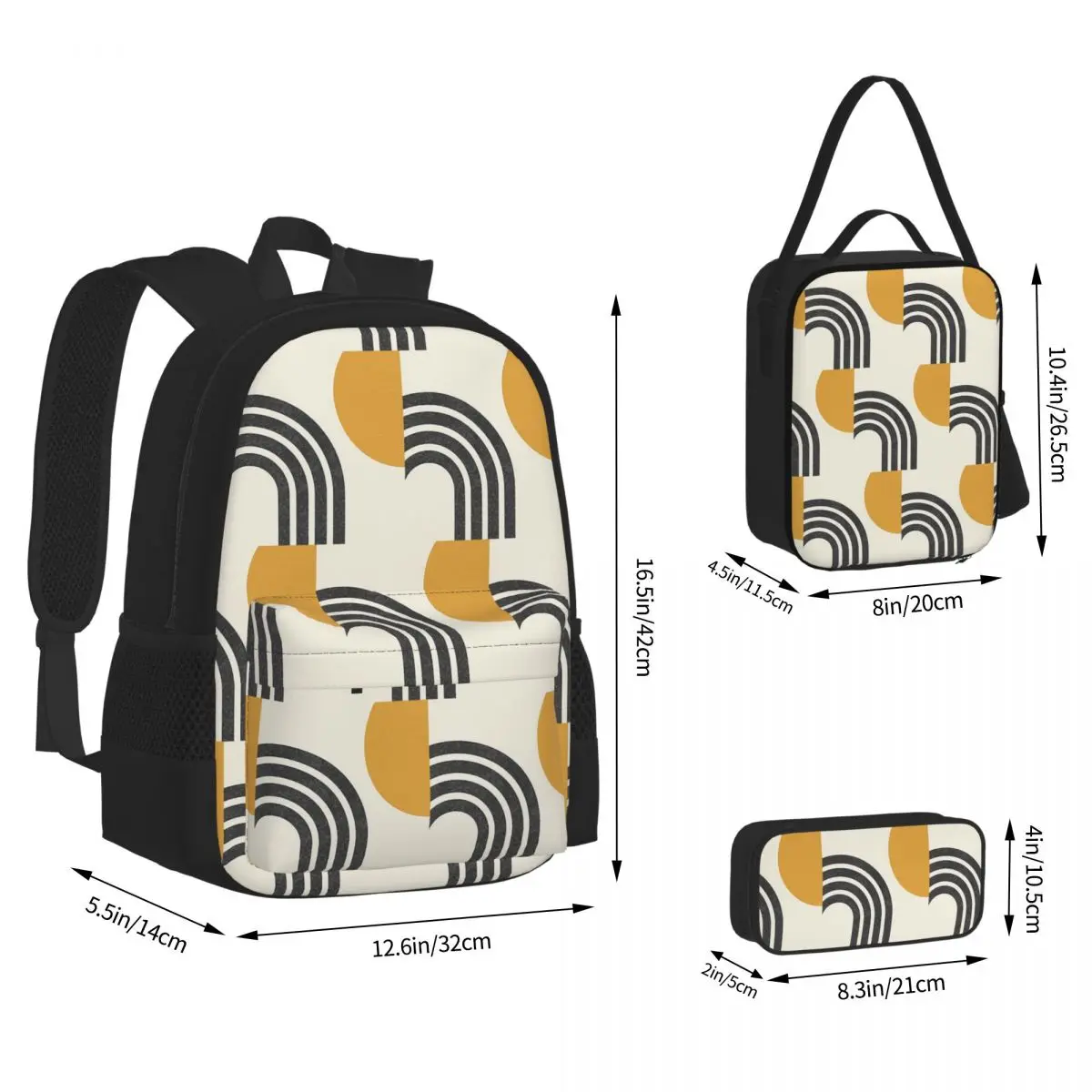 Mid Century Modern Gold - Sun And Rainbow Backpacks Students Bookbag School Bags Kids Rucksack Lunch Bag Pen Bag Three-Piece Set