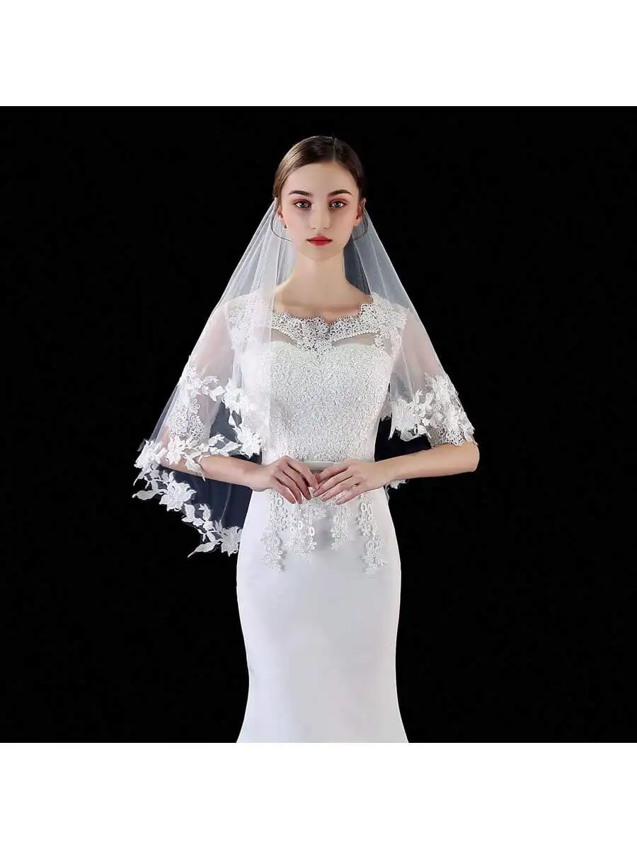 الجملة الأبيض العاجي الحجاب الزفاف القصير الدانتيل يزين طبقتين العروس الحجاب الزفاف 2025