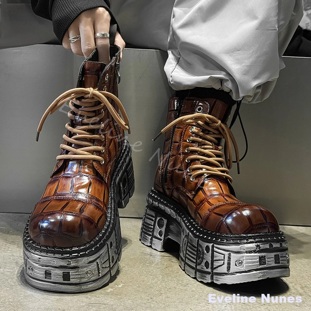 Men Brown Platform Ankle Boots Lace Up Side Zipper Chunky Heel Punk Gothic Heavy Duty Short Boots Street Heavy Metal Style Shoes