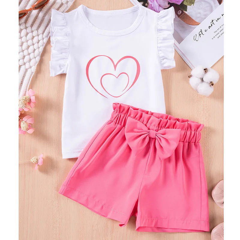 Summer Kid Girl Clothes Ruffle Sleeve T-shirt+Short Pant 2Pcs Girl Suit Cute Bow Trousers Two-Piece Casual Baby Outfit A1380