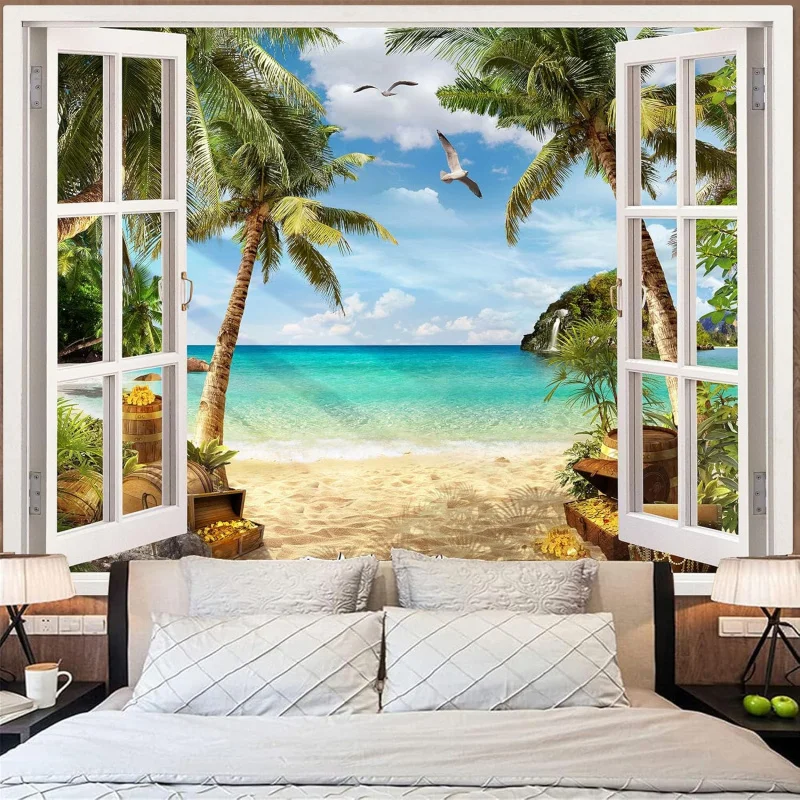 VIKAMA Beach Landscape Tapestry, Tropical Ocean Island Tapestry, Suitable For Summer Window Wall Decoration In The Living Room