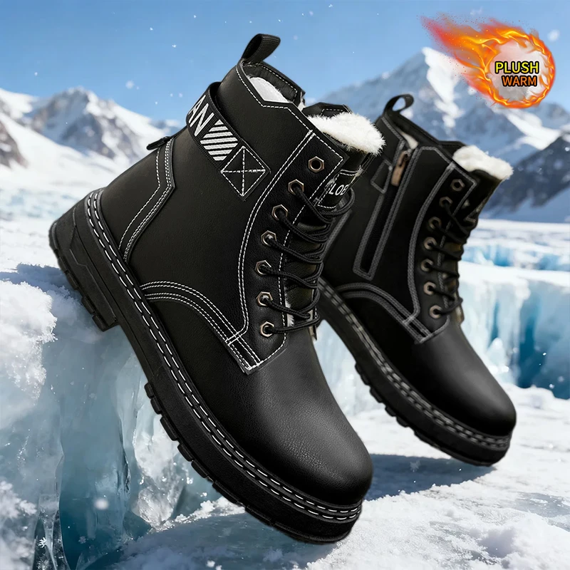 

New Arrival! Men’s Mid-Top Warm Mountaineering Boots for Fall & Winter – Black Motorcycle-Style, Thickened & Cozy Snow Boots
