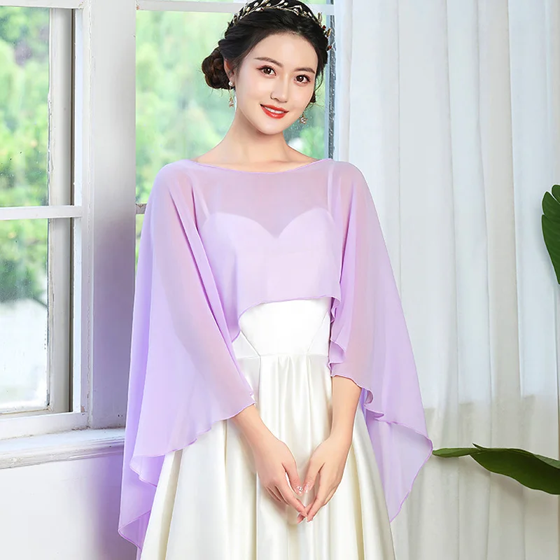 ผู้หญิงสุภาพสตรีชีฟอง Cape Shawl งานแต่งงาน Capes Shrug เจ้าสาวแจ็คเก็ต Wraps อุปกรณ์เสริมยาว Shawl และ Wraps Dress Cover Up