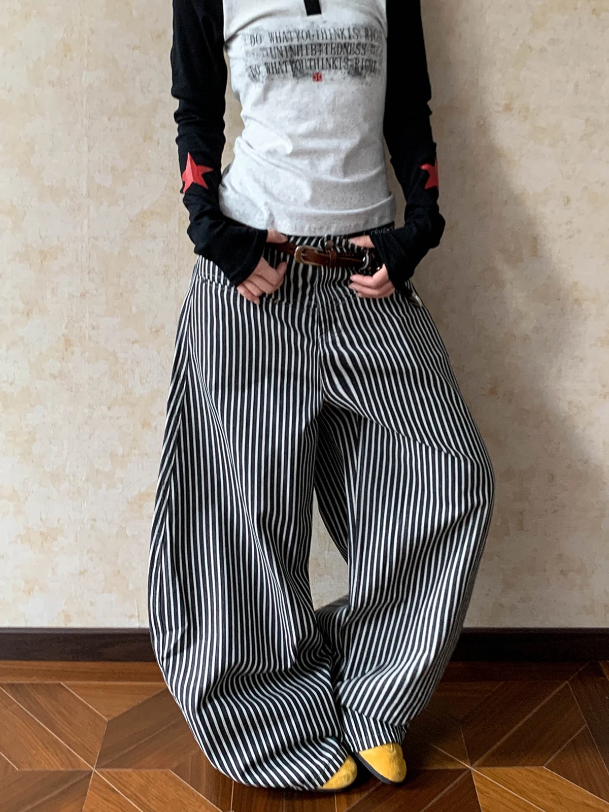 

Ретро-джинсы в американском стиле с полосками, свободные широкие брюки для мужчин и женщин, повседневные, с высокой талией, молодежные, из полиэстера.