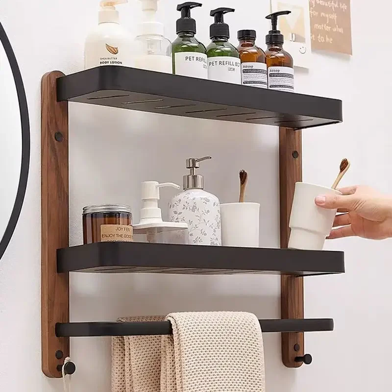 Luxury bathroom washbasin shelf, towel rack, wall-mounted black walnut wood rack, solid wood bathroom multi-layer storage rack