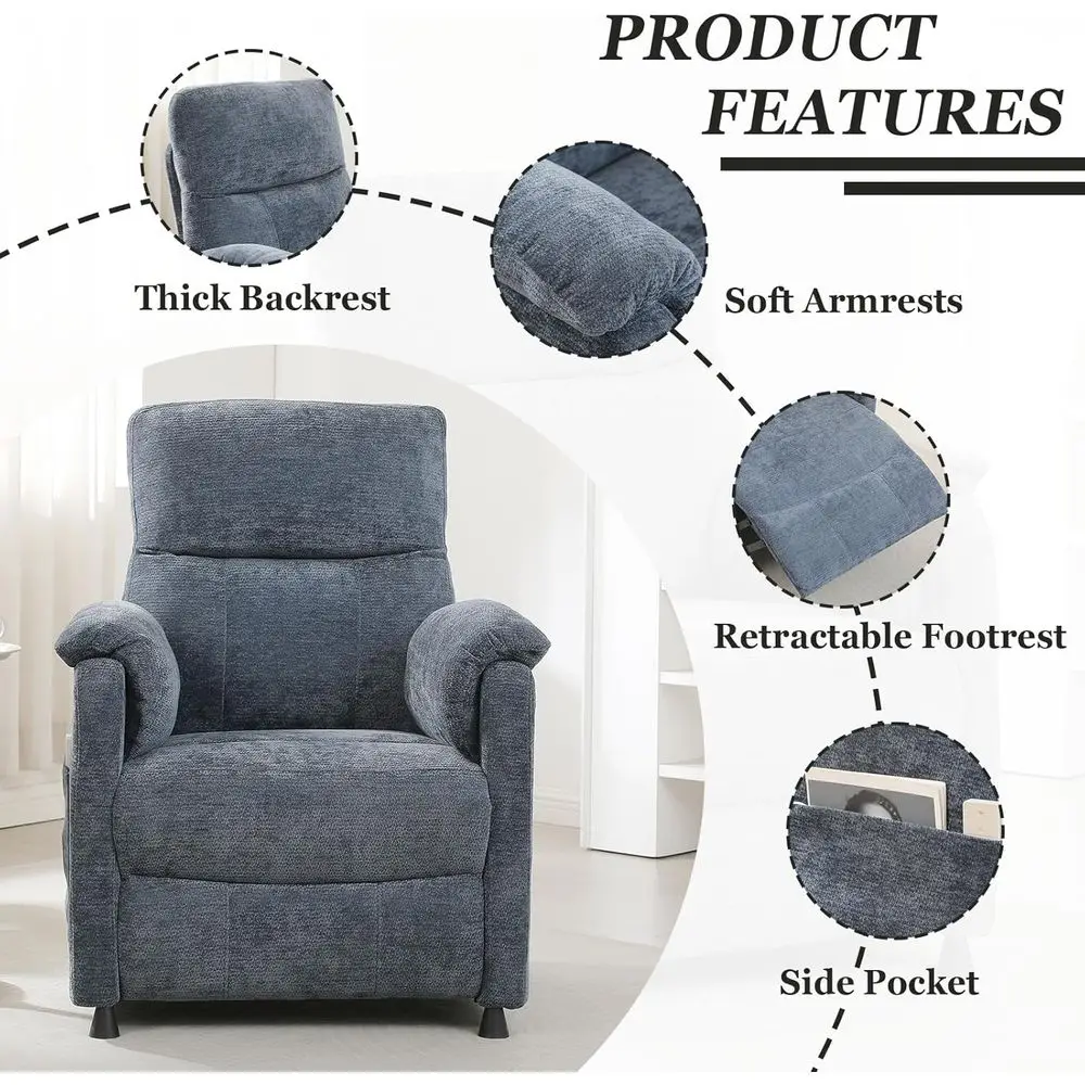 Electric Power Recliner Chair with Remote Control, Side Pockets for Small Spaces, Suitable for Adults - Blue