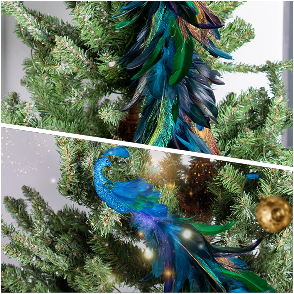 

Decorative Peacock Sculpture Long Tail Blue Pendant Glitter Ornament Headgear Color Bride