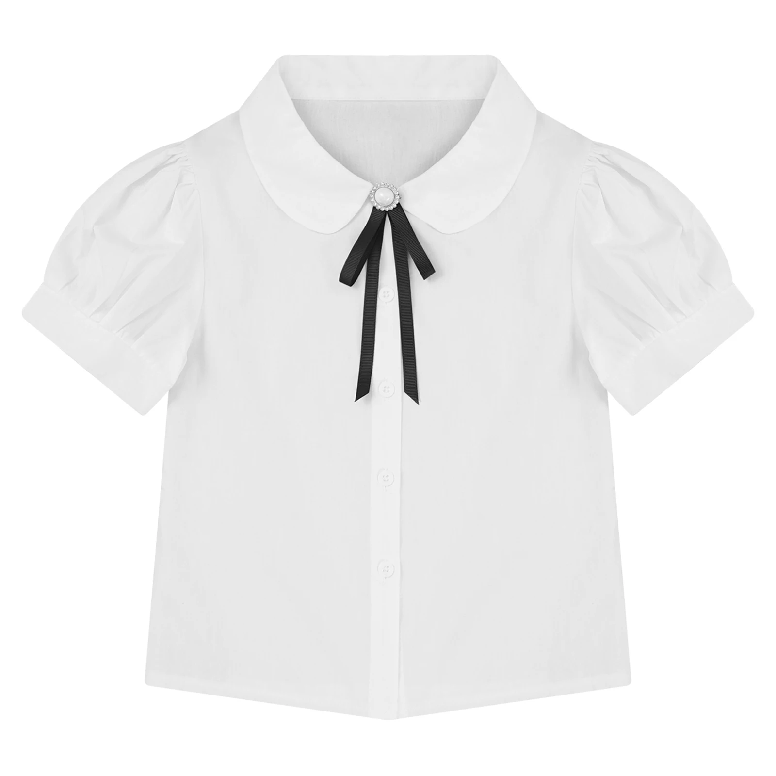 

White Cotton Kids Girls T-shirt Cute School Uniform Short Sleeve Turn-Down Collar Bowknot Blouse Button Shirt Tops Casual Clothe