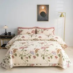 3Pcs Quilt Set 100%Cotton Quilted Bedspread 2Pcs Pillow shams  Lightweight Reversible Chic Floral Printed Bed Coverlet