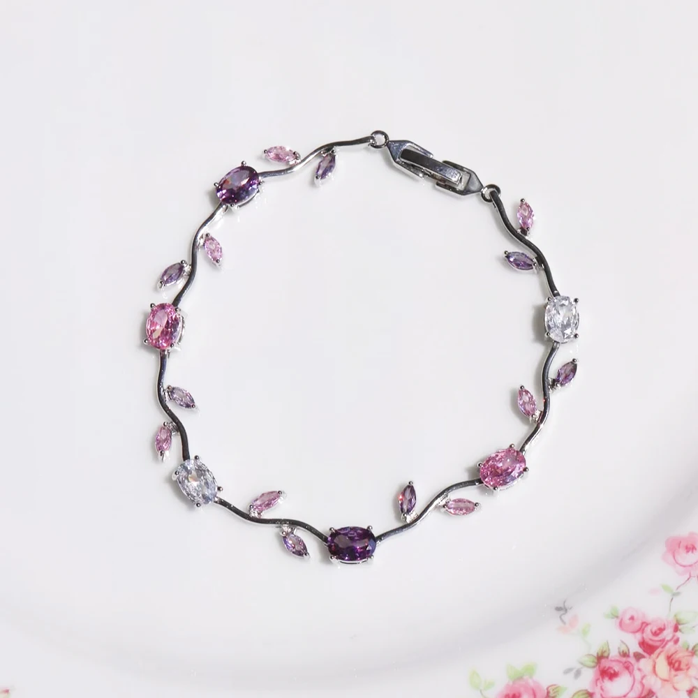 Tulpenrosa Zirkonia-Handgelenkskette mit Rankenblumen, süßes und romantisches Metallarmband für Damen, Schmuck, Hochzeitsgeschenk