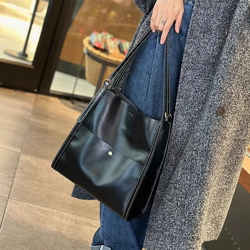 Tote Bag Women Large Capacity Commuter Cowhide Women Bags Hundred Cowhide Shoulder Bags Bucket Bags Soft