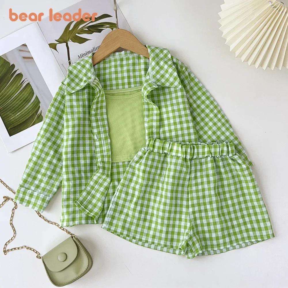 Bear Leader Summer Green Plaid Girl Sets Print Long Sleeved Shirt Top+Camisole Vest+Shorts Three Piece Suits Children's Clothing