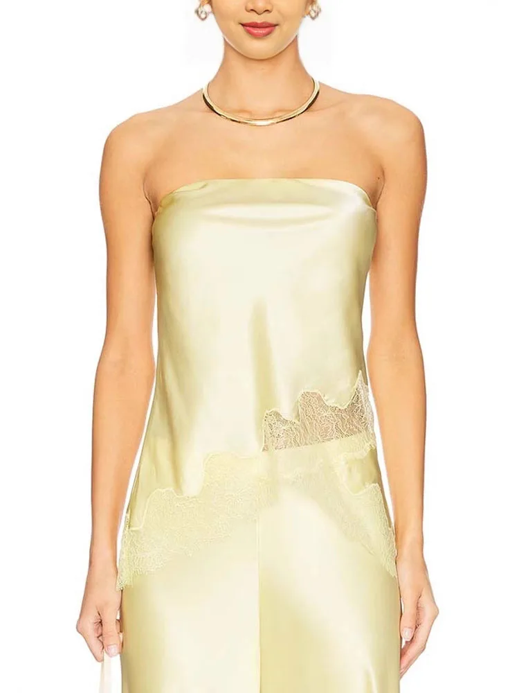 Women Sexy Sleeveless Solid Outfits Fashion Embroidery Patchwork Satin Solid 2Pc Suits Elegant Strapless Tops & Long Pant Sets