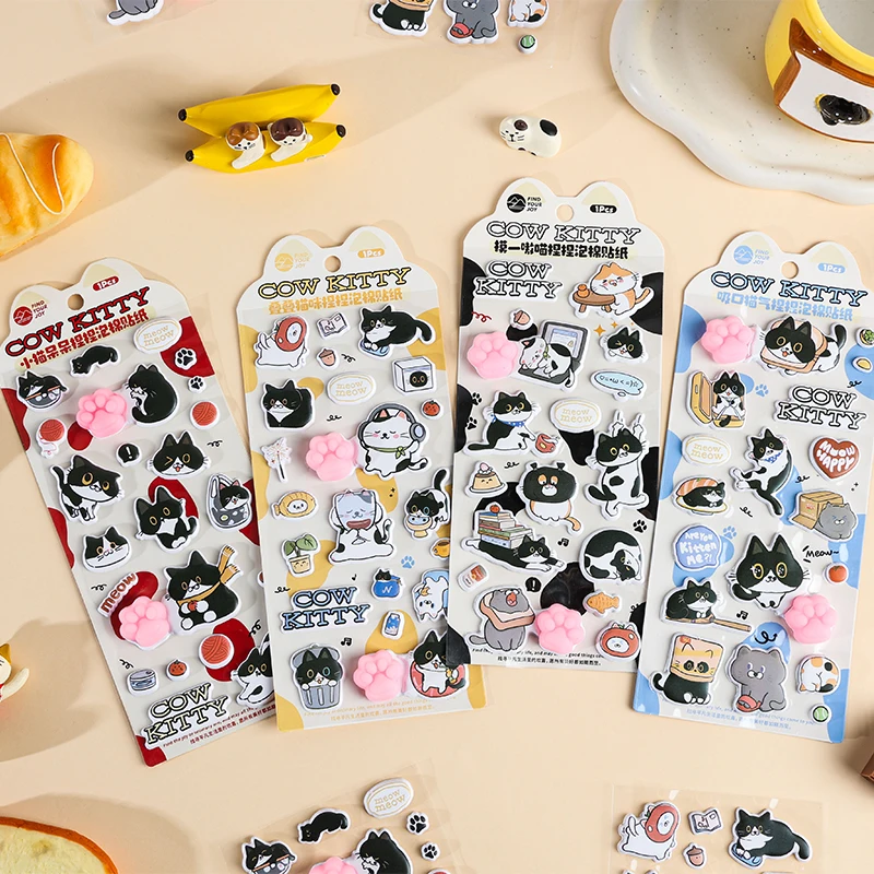 1sheet Cow Cat Series Kawaii Creative Cartoon Pinch Foam Stickers DIY Handmade Aesthetic Scrapbook Stationery Stickers