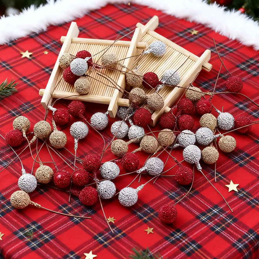 

40Pcs Cheap Artificial Fruits Foam Stamen Cherry Gold Silver Flowers DIY Christmas Craft Living Room Decor Wedding Home Supplies