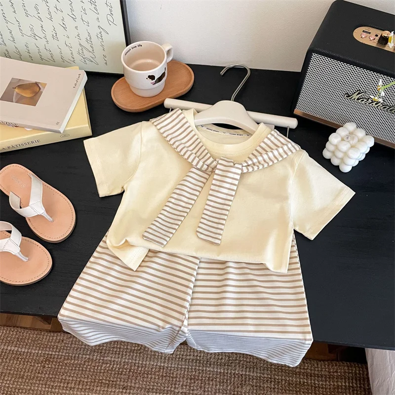 Girls' Summer Fashion Set: Striped Shawl T-Shirt & Pants 3