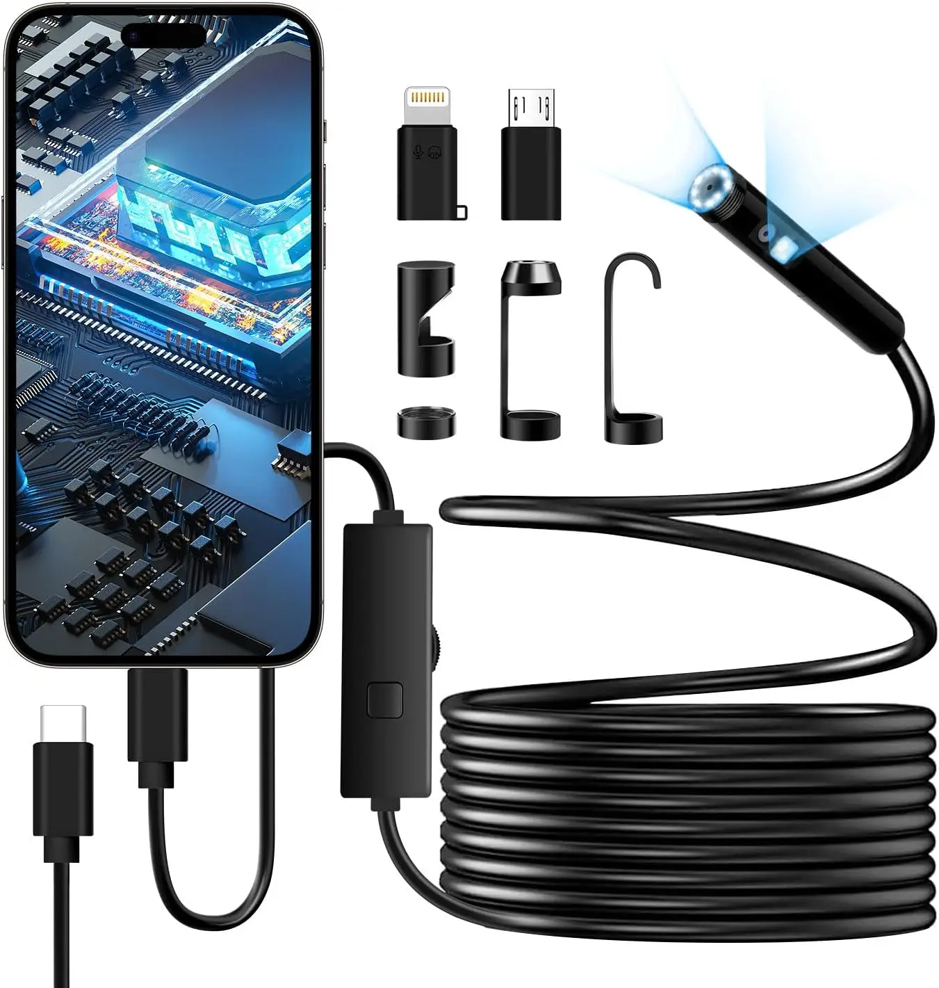 

Dual-Lens Endoscope Camera 1920P HD with 8+1 LED Lights, IP67 Waterproof 16.5FT Semi-Rigid Snake Cord for iPhone & Android