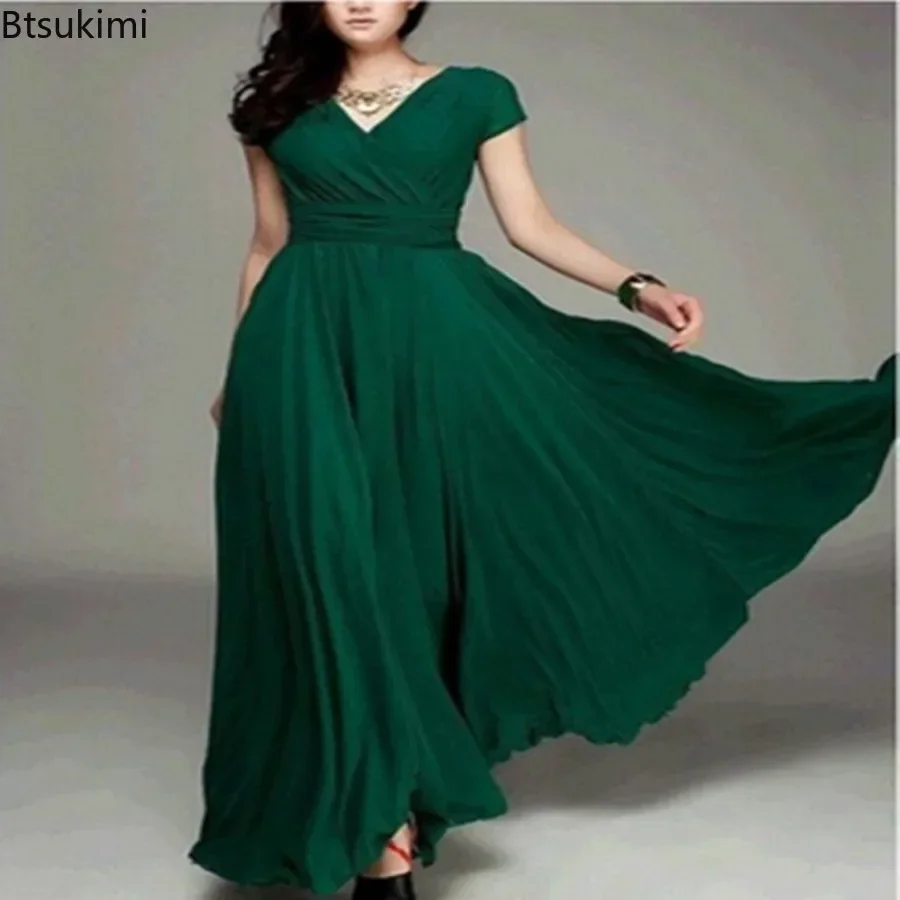 Women's Summer Elegant Chiffon Dress Oversized Sexy Long Dresses Female V-neck Luxury Boho Evening Maxi Party Dress Vestidos