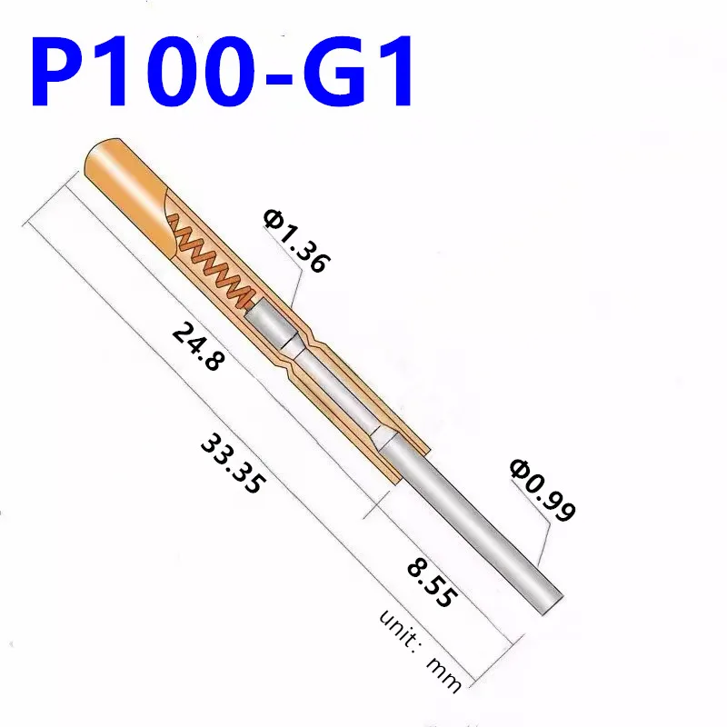 20/100PCS P100-G1 Spring Test Probe Pogo Pin Spring Test Pin Length 33.35mm Needle Dia 1.36mm Test Probe Head Dia 0.99mm P100-G