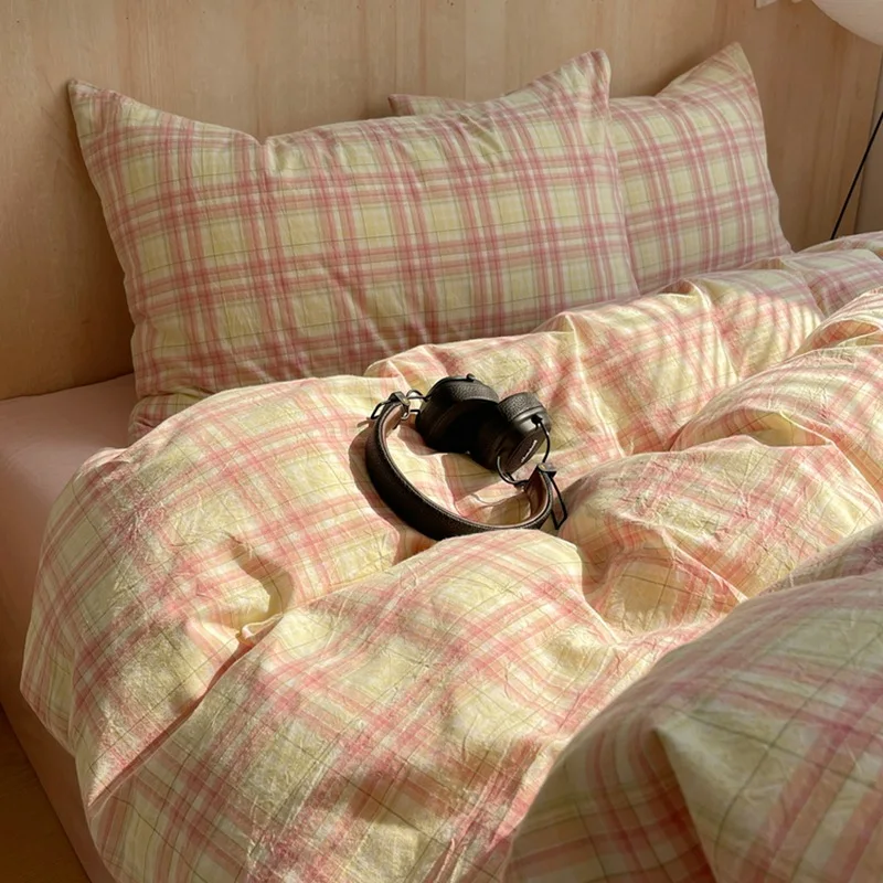 Nordic sling Cotton Stripe Pink Duvet Cover, Skin friendly Breathable Comforter Sets, Bedclothes for Master Bedroom