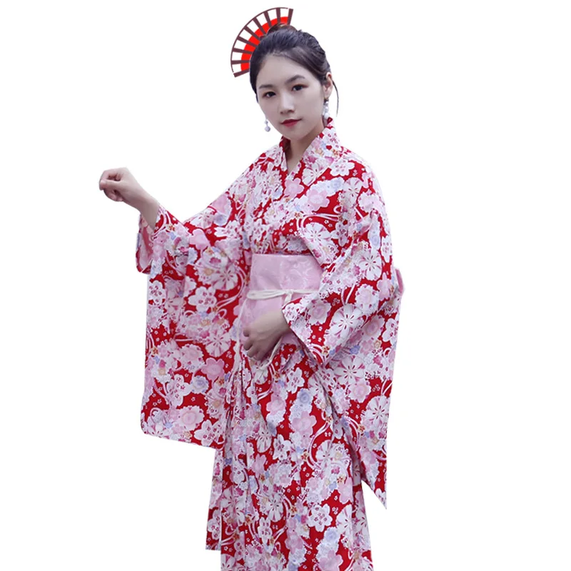 Japanese Traditional Formal Wear New Cotton and Linen Vibrating Sleeves Women's Red Floral Print Kimono Yukata Cos