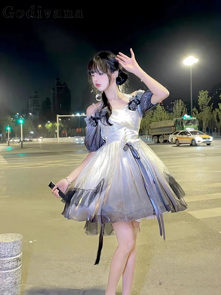 

Lolita Gorgeous Elegant Heavy Industry High Waist Bow Fairy Princess Dress Spring Summer Sweet Girls Fashion Irregular Dresses