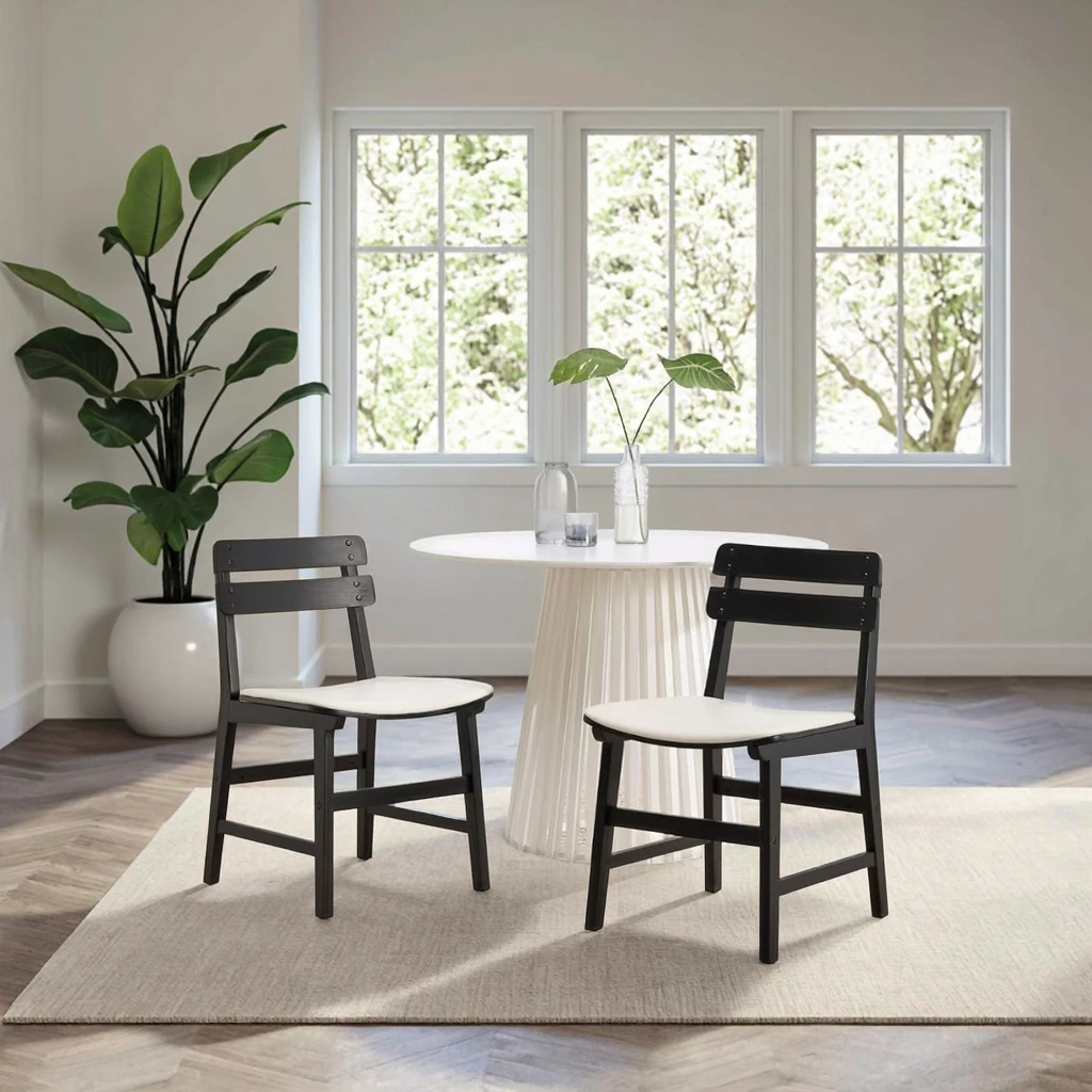 Mid Century Modern Farmhouse Wood Dining Chair Set 2 Curved Back Solid Rattan Leather Upholstery for Home Office Home Bar