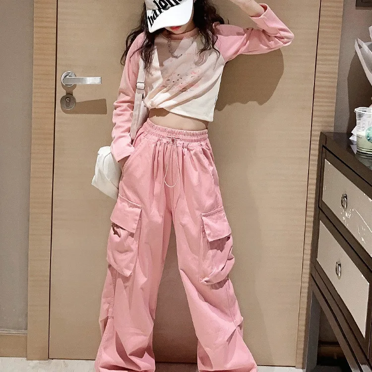 2026 spring summer Kids tracksuit Children set Girls Clothes crop top T-Shirt + wide leg Cargo Pants Teens 4 5 6 8 10 11 12 year