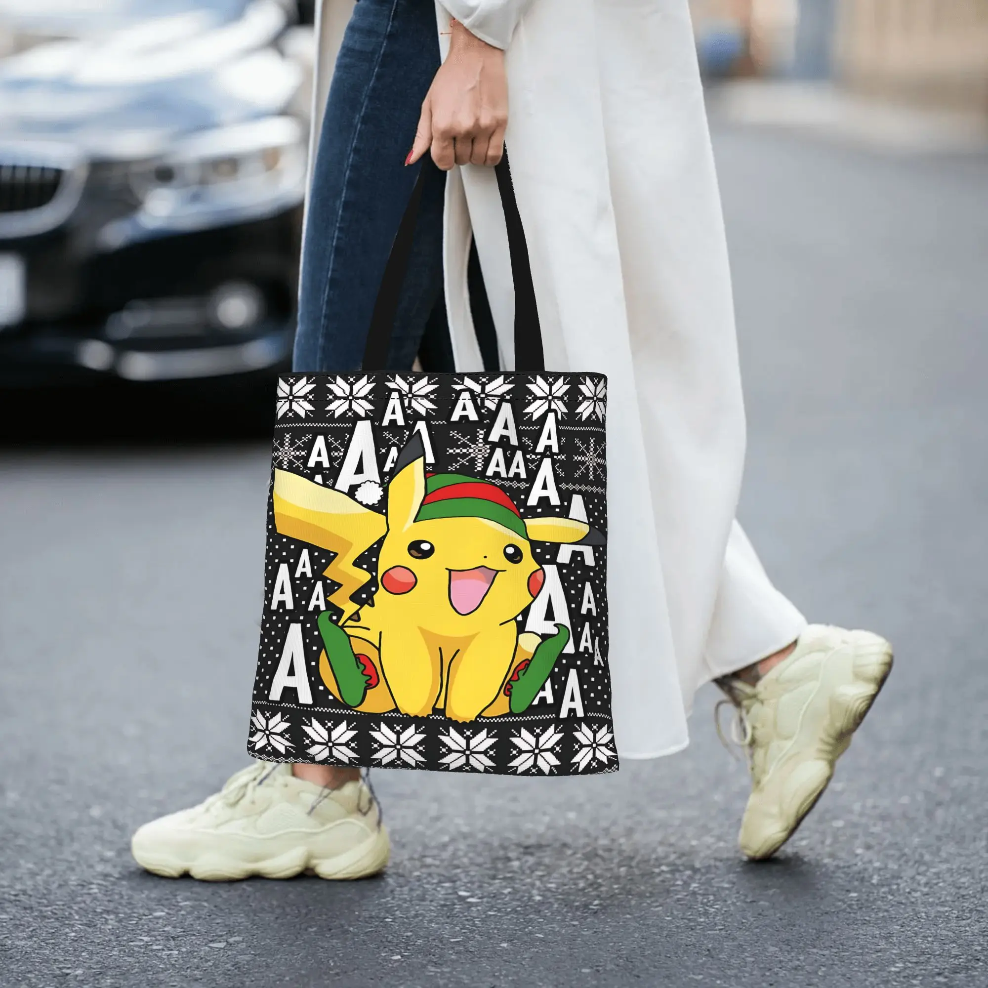 Customized Pokemon Pikachu Christmas Snow Women's Bag Shopping Bag Reusable Double Sided Canvas Tote Bag Shoulder  Handbag