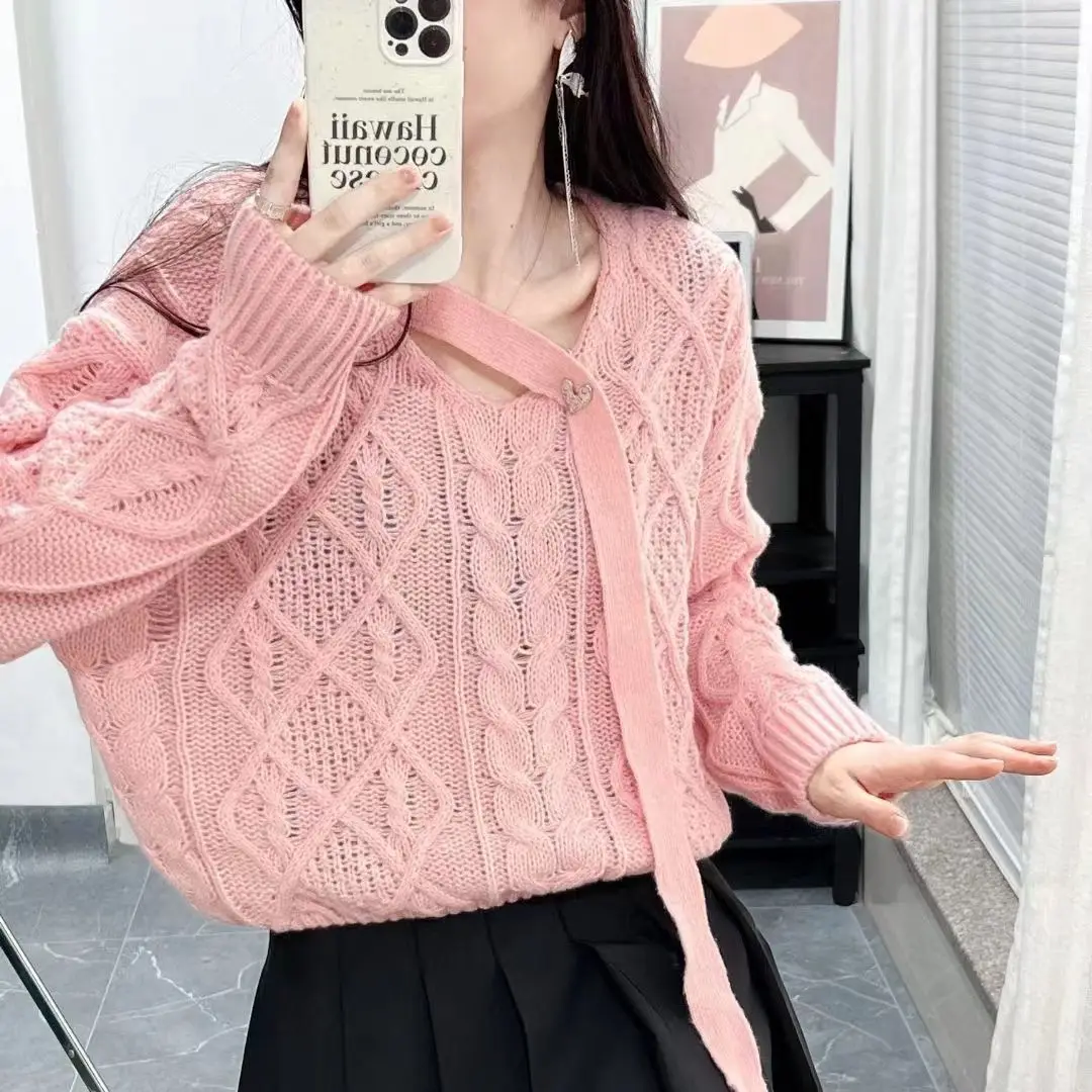 

Hsa 2023 New High-quality V-neck Hollow Out Knit Sweater Women's Lazy Fall Loose Thin Pullover Long Sleeve Female Chic Pullover