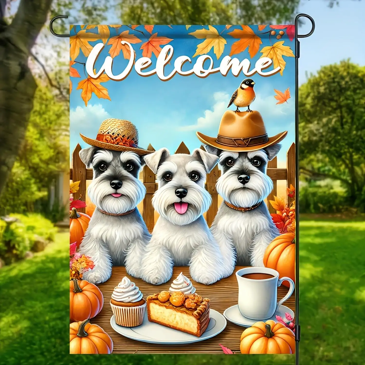 BlissYard Fall Schnauzer Welcome Garden Flag 12x18 Inch Double Sided Fall Yard Banner with Three Schnauzer Puppies Pumpkins jjp