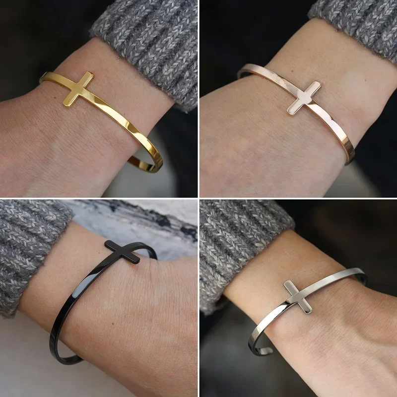 Trendy Silverly Simple Cross Cuff Bracelet Stainless Steel Sideways Open Cuff Bracelets Bangle For Women Men Unisex Jewelry Gift