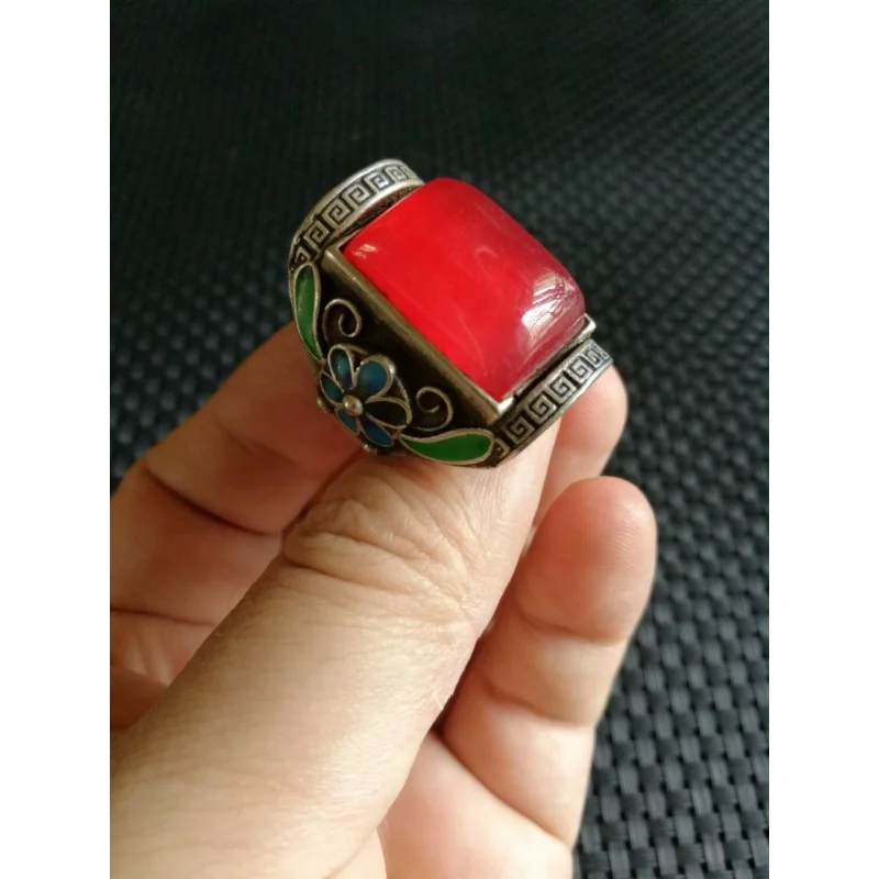 Antique Antique Collection Ruby Square Ring Setting Ring Gem Old Silver Inlaid Silver Ring with Opening Pure Silver Ring Wholesa