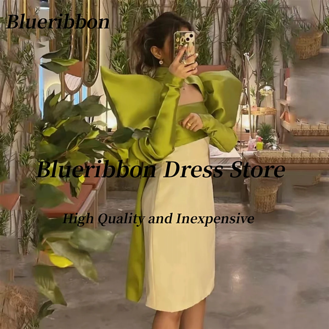 

Blueribbon Contrast Color Prom Dresses Keyhole High Collar Robe Des Cocktail Party Dress Long Sleeves Short Evening Gowns