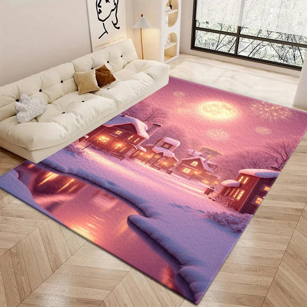 Dreamy Winter Town Carpet Flooring Pink Snowy House Full Moon Firework Fantasy Scenery Printed Area Rug for Living Room Household Decoration