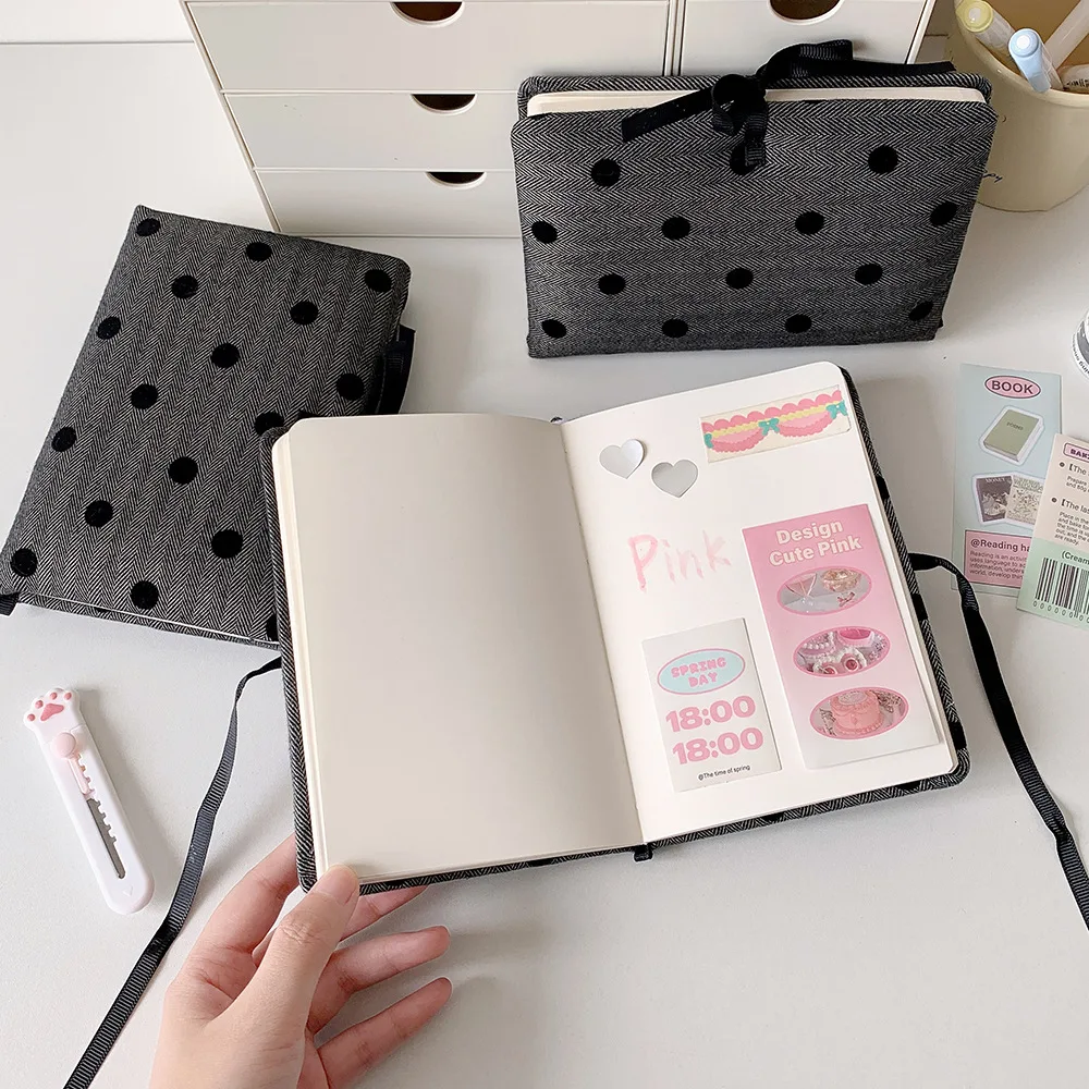 文房具 A6 ポケットプランナーグレーラウンドドットカバーミニメモパッド布ストラップノートブックプリンセススタイルポータブル