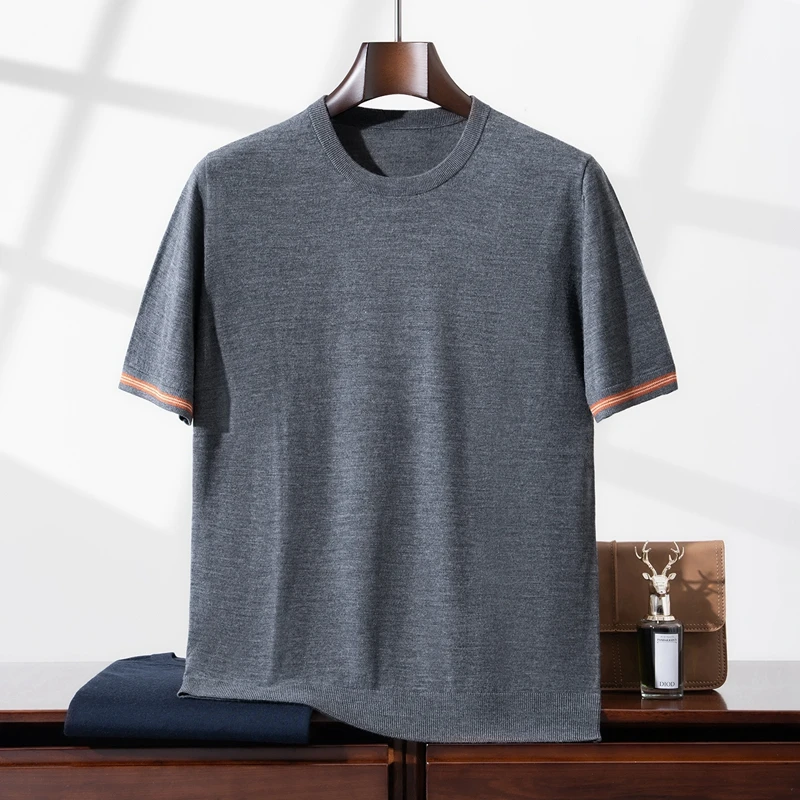 

Мужской свитер из тонкой пряжи Yangtze, 100% шерсть, с коротким рукавом, повседневный вязаный пуловер, футболка с круглым вырезом, свободный джемпер, футболка-поло.