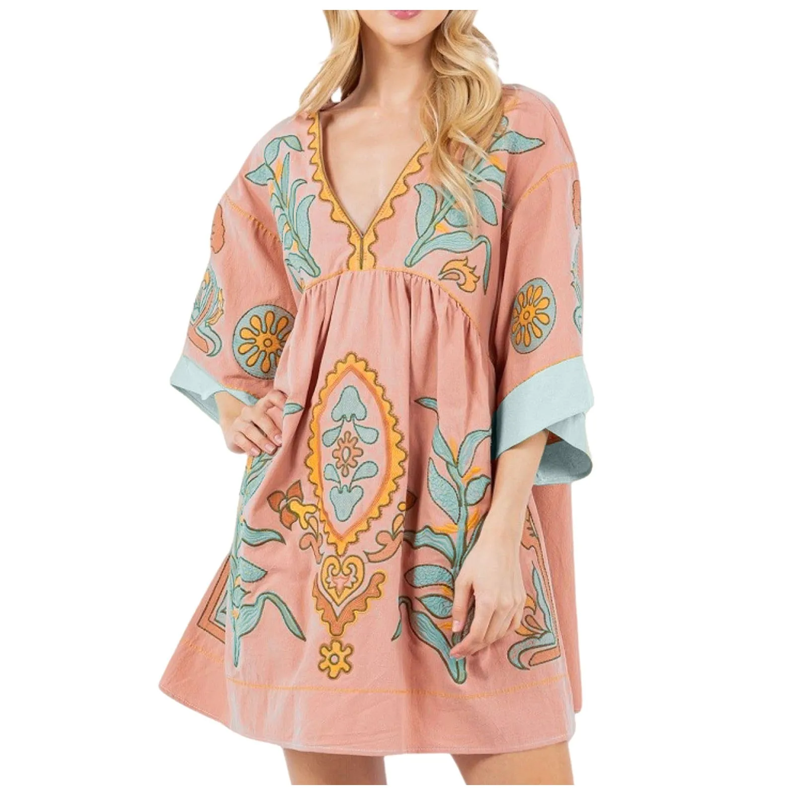 Embroidered V Neck Three Quarter Sleeves Mini Dress Loose Fit Vintage Color Block Dress Women Comfy Pleated Vacation Dress