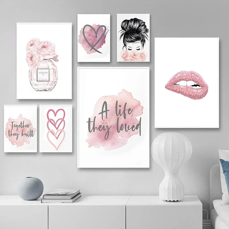 (No frame)Fashion Simple Pink Love perfume Flower Letter Art Print Poster Dressing Room Living Room Girl Bedroom Modern Wall