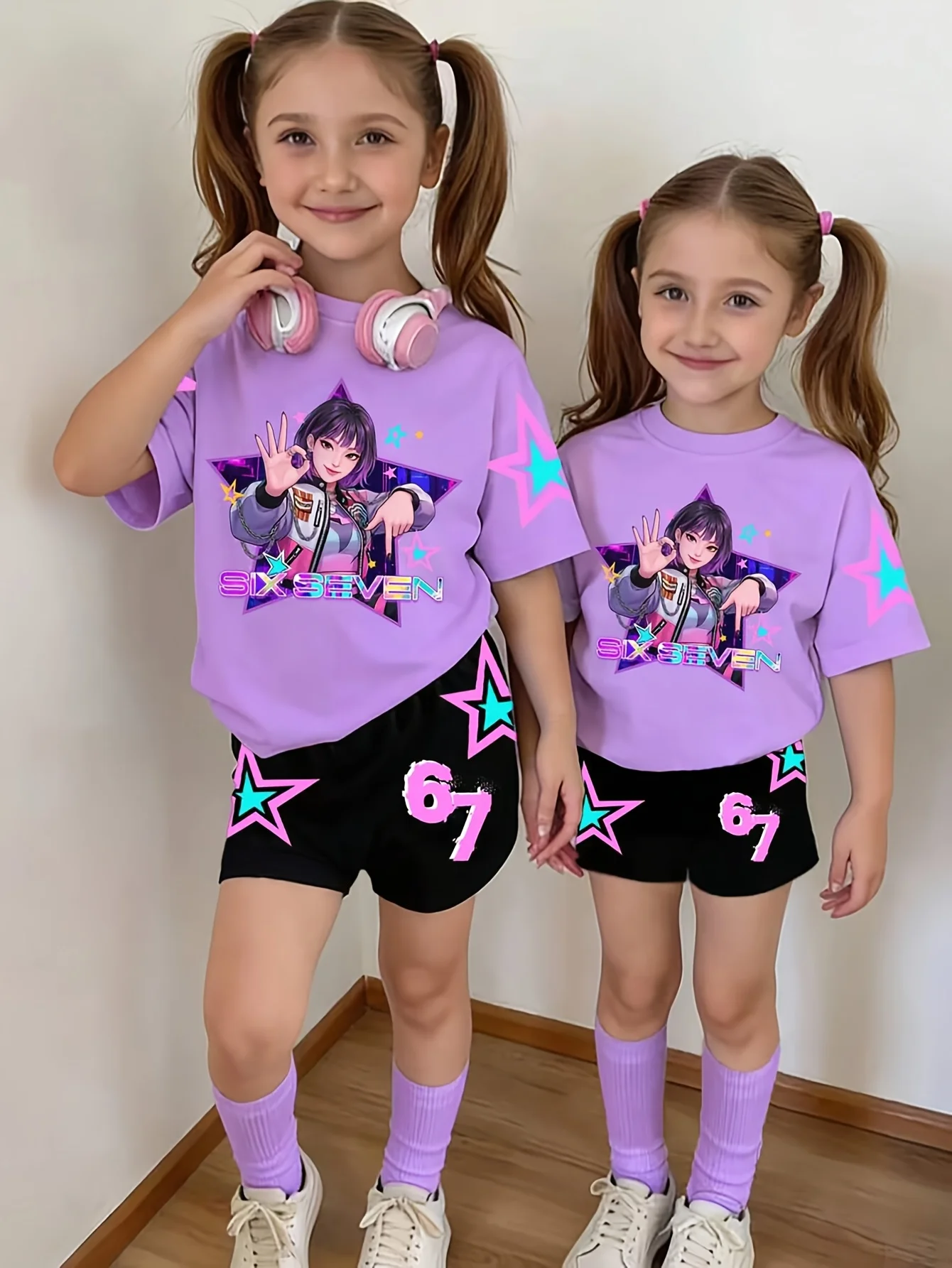 2-piece Kpop Style Summer Children's Comfortable  Short sleeved Shorts Set For Girls Casual Home And Outdoor Set