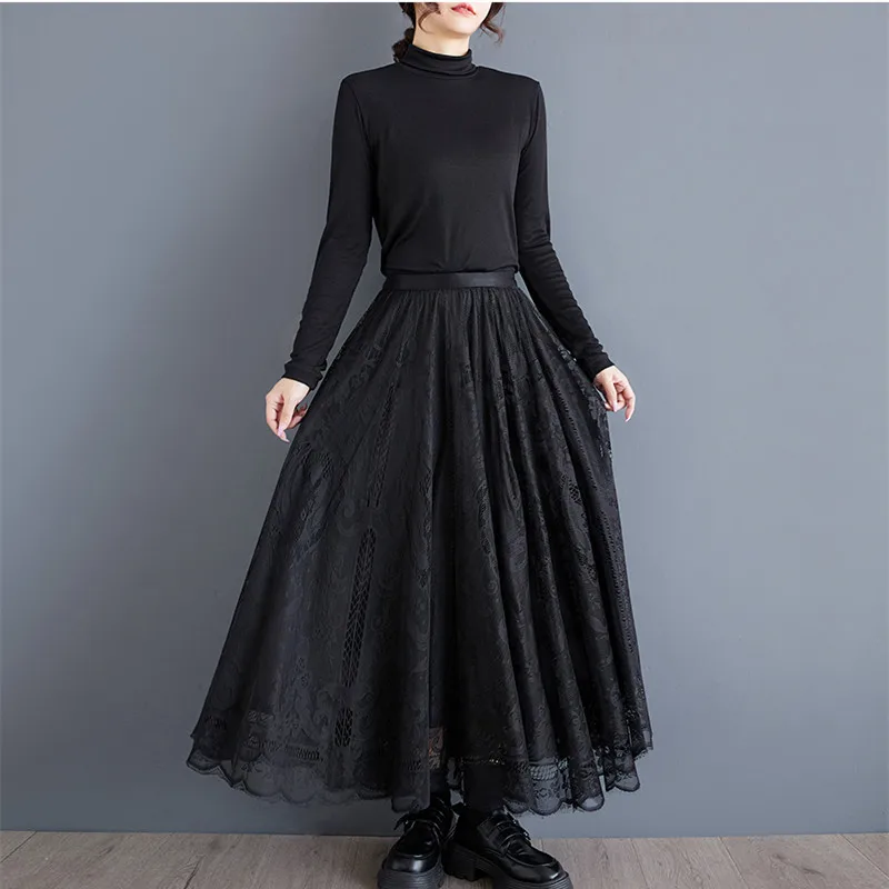 Large Size Women's Skirt 2024 Spring and Autumn Korean New Item Hollow Lace Splicing Design Loose Skirts Female Mujer Falda