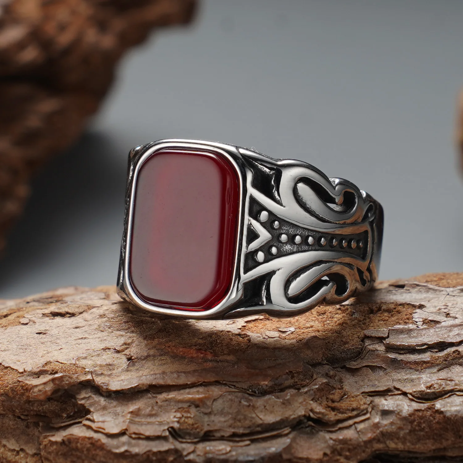 Trendiger Modischer Geschnitzter Achat Edelstahl Herren Statement-Ring – Detail 5