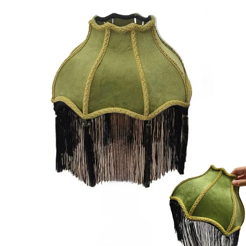 

Classic Victorian Style Lamp Shade E27 Bell Shape Scallop Velvet Lampshade w/ Tassels Fringe Green 12" Medium Replacement Shades