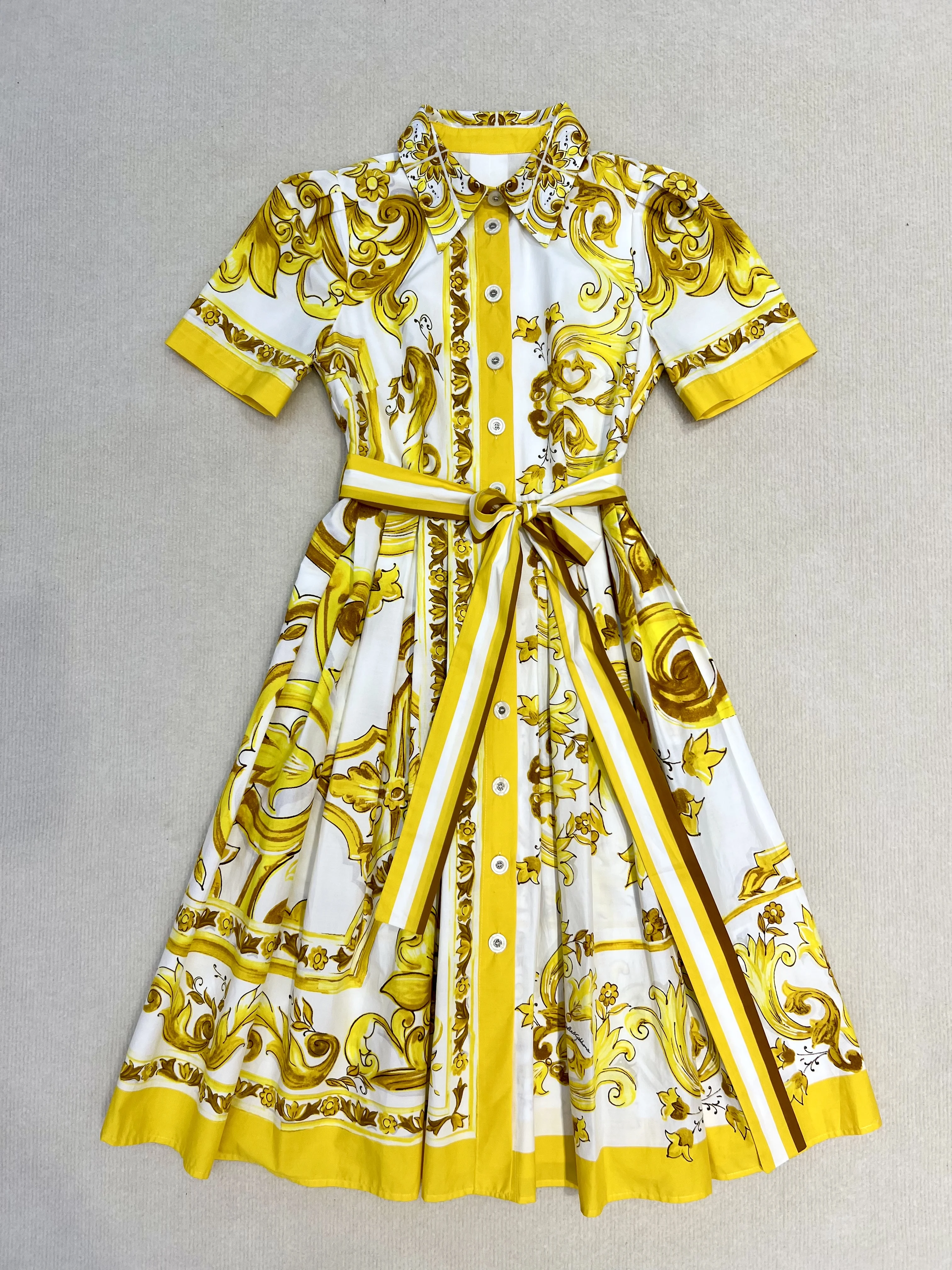 Boho Style Yellow Porcelain Dress, 100% Cotton, Button-up Belt, Short-Sleeved, Summer, 2024