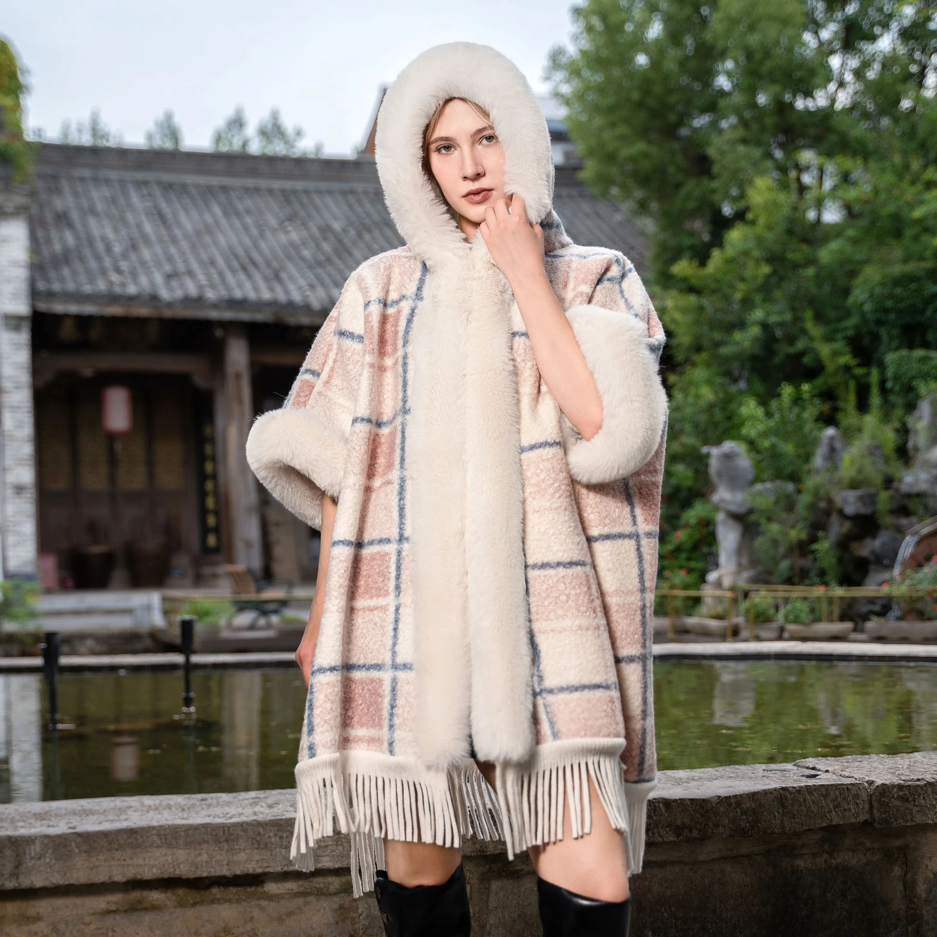 Autumn Winter Thick Hooded Shawl Plaid Warm Cloak Knitted Plush Versatile Coat Clothes Tassel Sleepwear Household Pajamas