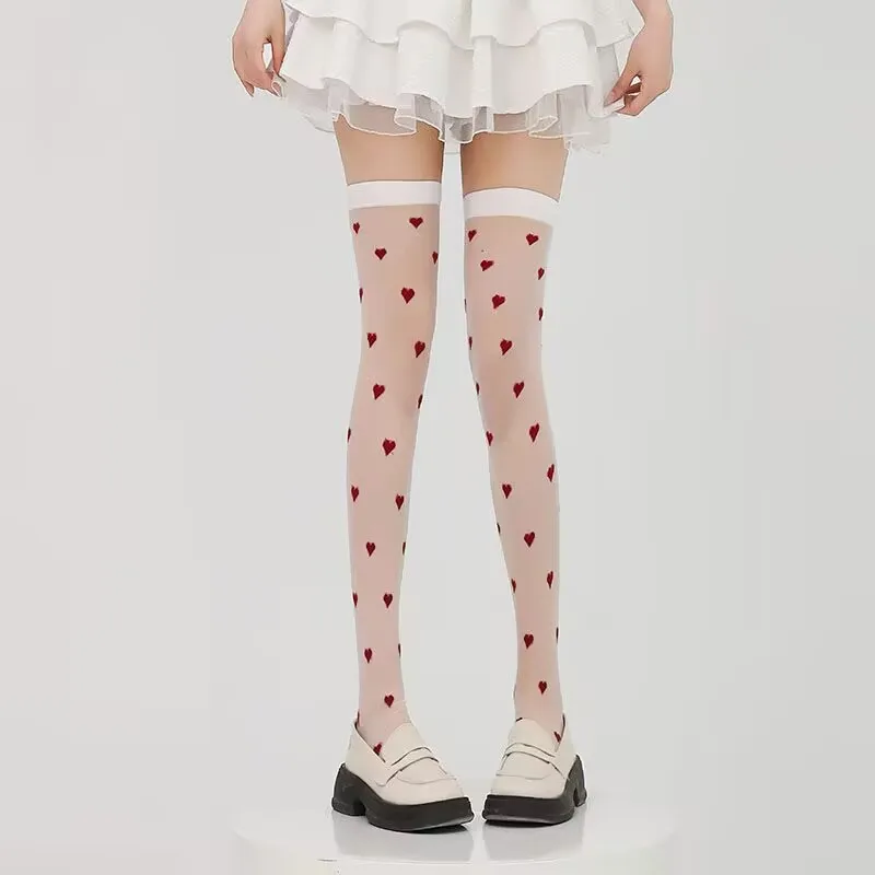 Lolita weiße ästhetische Overknee-Mädchen-JK-Socken – Kawaii rotes Herz bestickte Oberschenkelstrümpfe für Frauen, süße Strumpfhosen