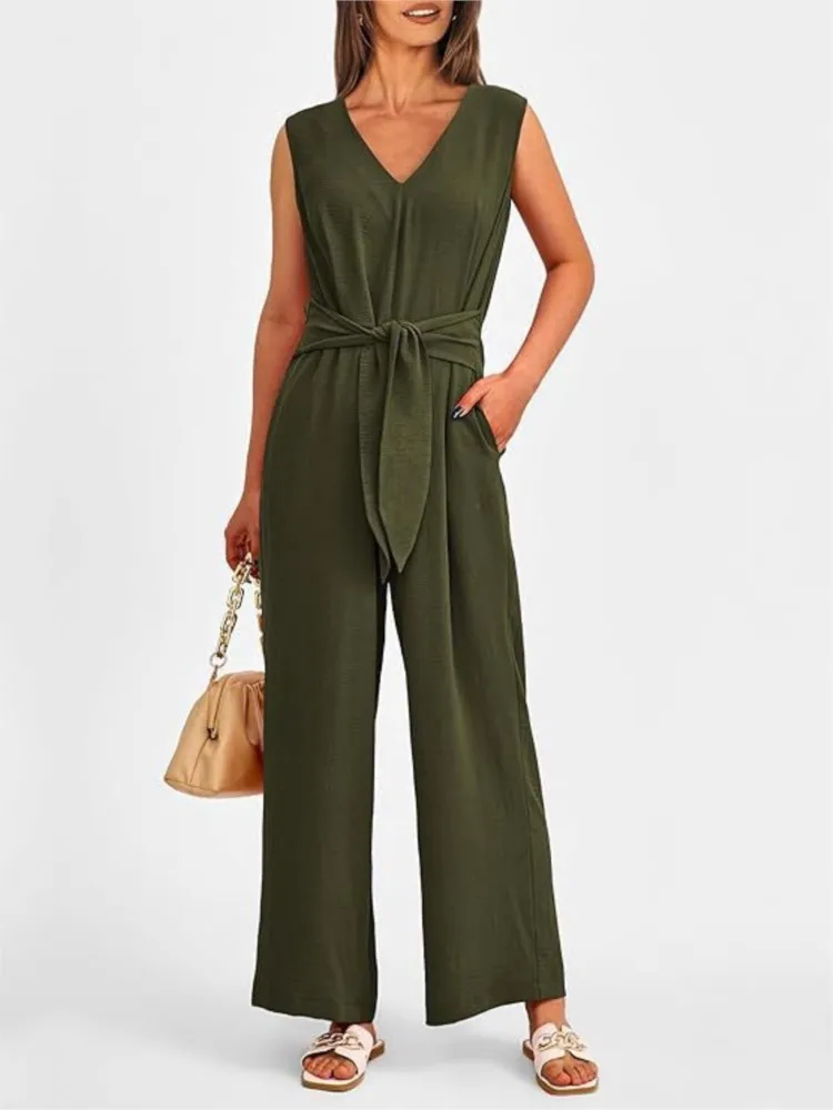 Women\'s Spring Summer New 2024 Sexy V-neck Wide Leg Jumpsuit Sleeveless Fashionable Zipper Long Casual Comfortable Jumpsuit