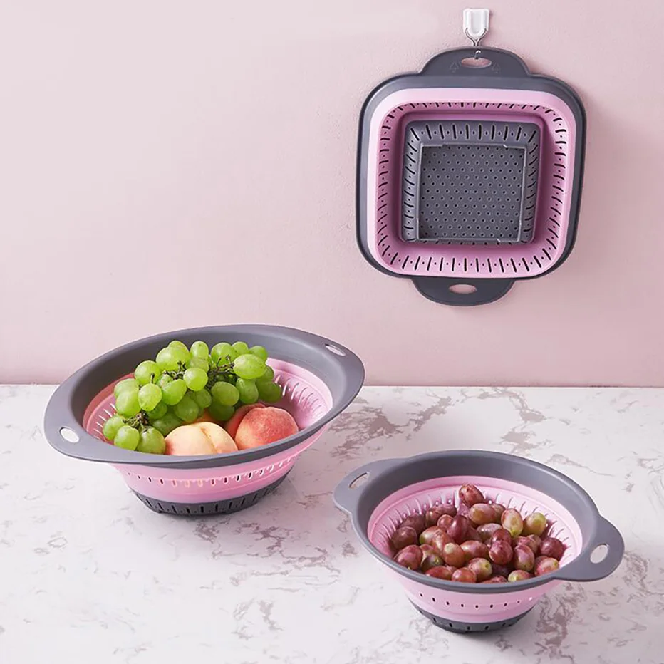 

Collapsible Silicone Kitchen Storage Basket Multi-use Fruit Vegetable Drainer Foldable Kitchen Bar Draining Colander Organzier